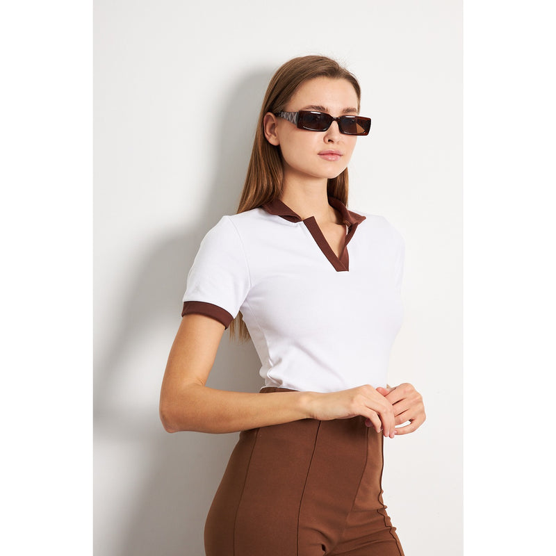 White Brown Rib Knit Polo | Montivo Pakistan