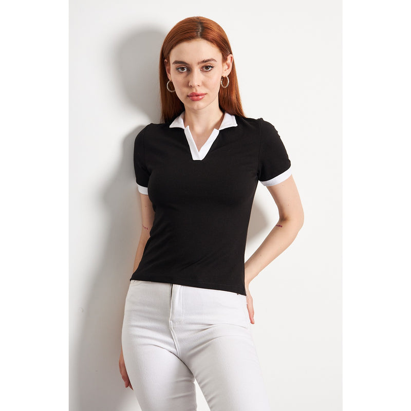 Black White Rib Knit Polo | Montivo Pakistan