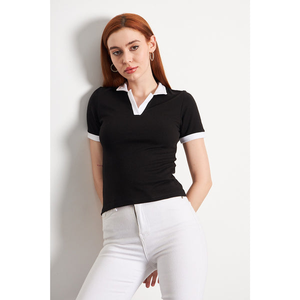 Black White Rib Knit Polo | Montivo Pakistan
