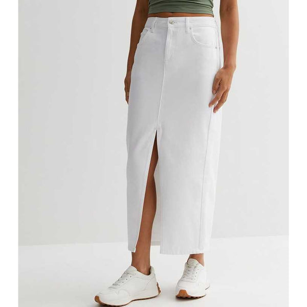 White Front-Slit Denim Skirt | Montivo Pakistan