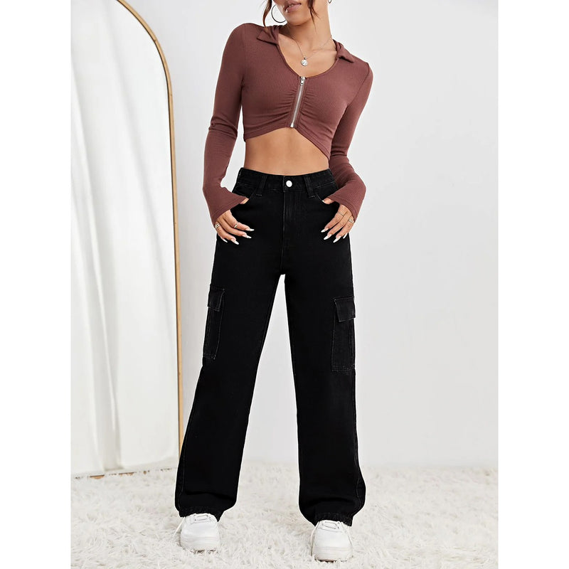 Black Cargo Wide Leg Jeans | Montivo Pakistan