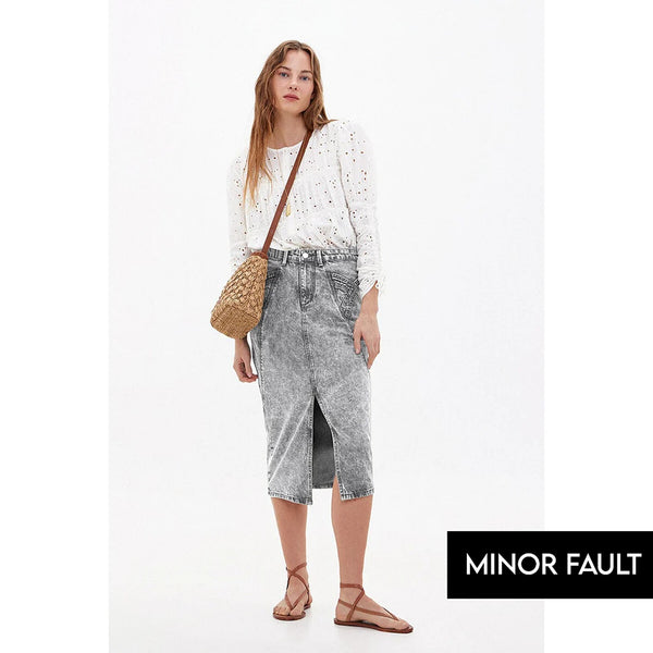 (Minor Fault) Grey Front Slit Denim Skirt | Montivo Pakistan