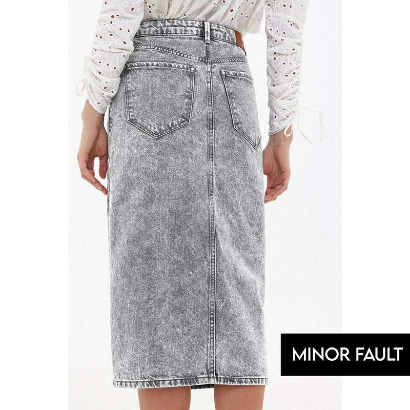 (Minor Fault) Grey Front Slit Denim Skirt | Montivo Pakistan