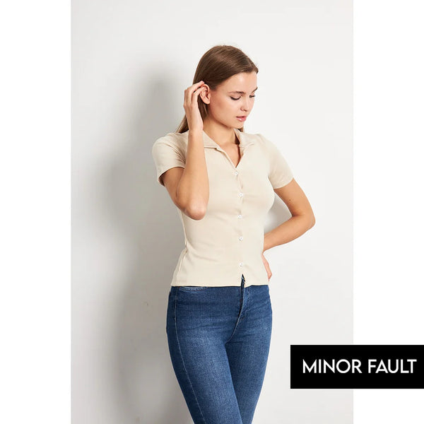 (Minor Fault) Beige Button Down Collar Top | Montivo Pakistan