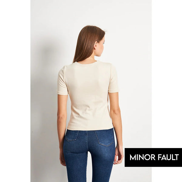 (Minor Fault) Beige Double Breasted Knit Top | Montivo Pakistan