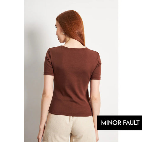(Minor Fault) Brown Double Breasted Knit Top | Montivo Pakistan