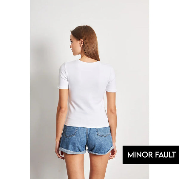 (Minor Fault) White Double Breasted Knit Top | Montivo Pakistan