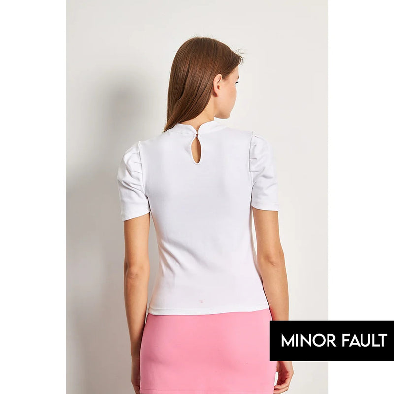 (Minor Fault) White Puff Sleeves Knit Top | Montivo Pakistan