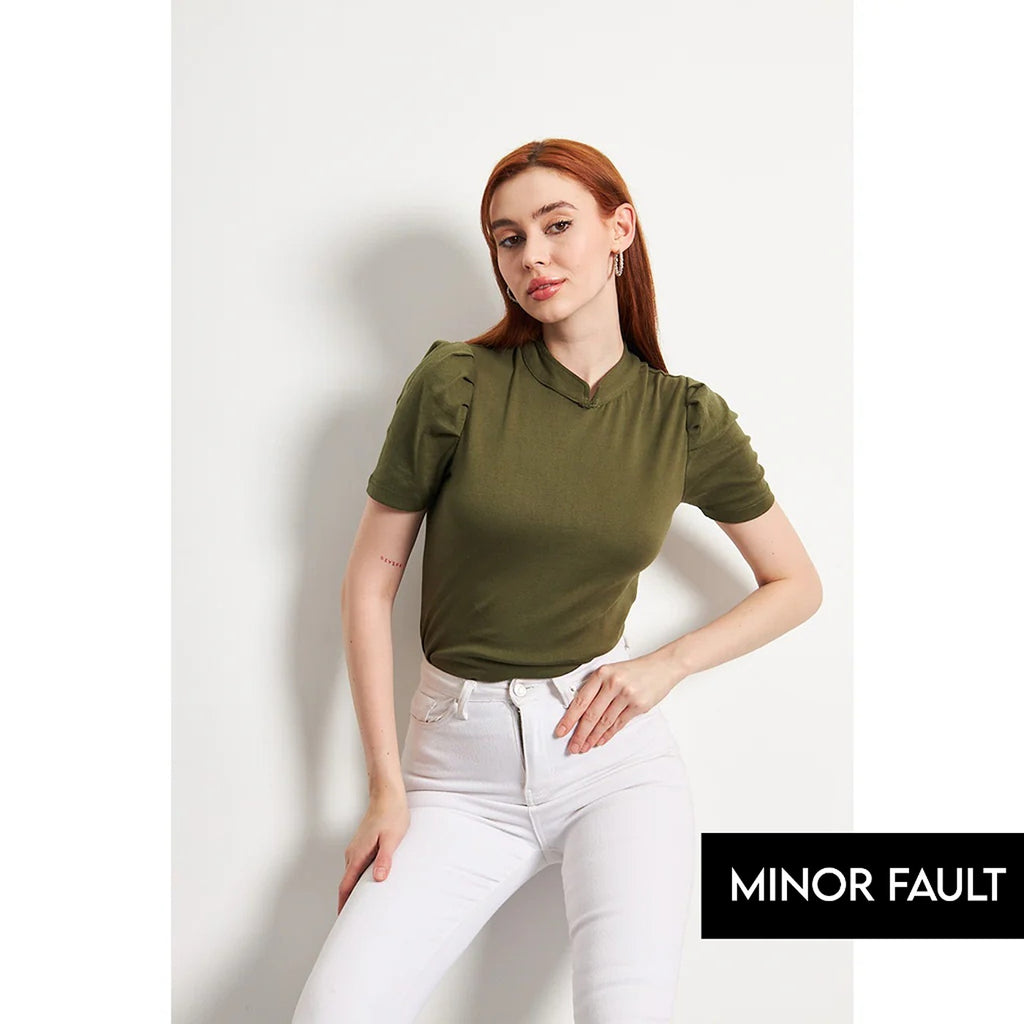 (Minor Fault) Olive Puff Sleeves Knit Top | Montivo Pakistan