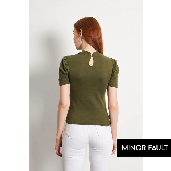 (Minor Fault) Olive Puff Sleeves Knit Top | Montivo Pakistan