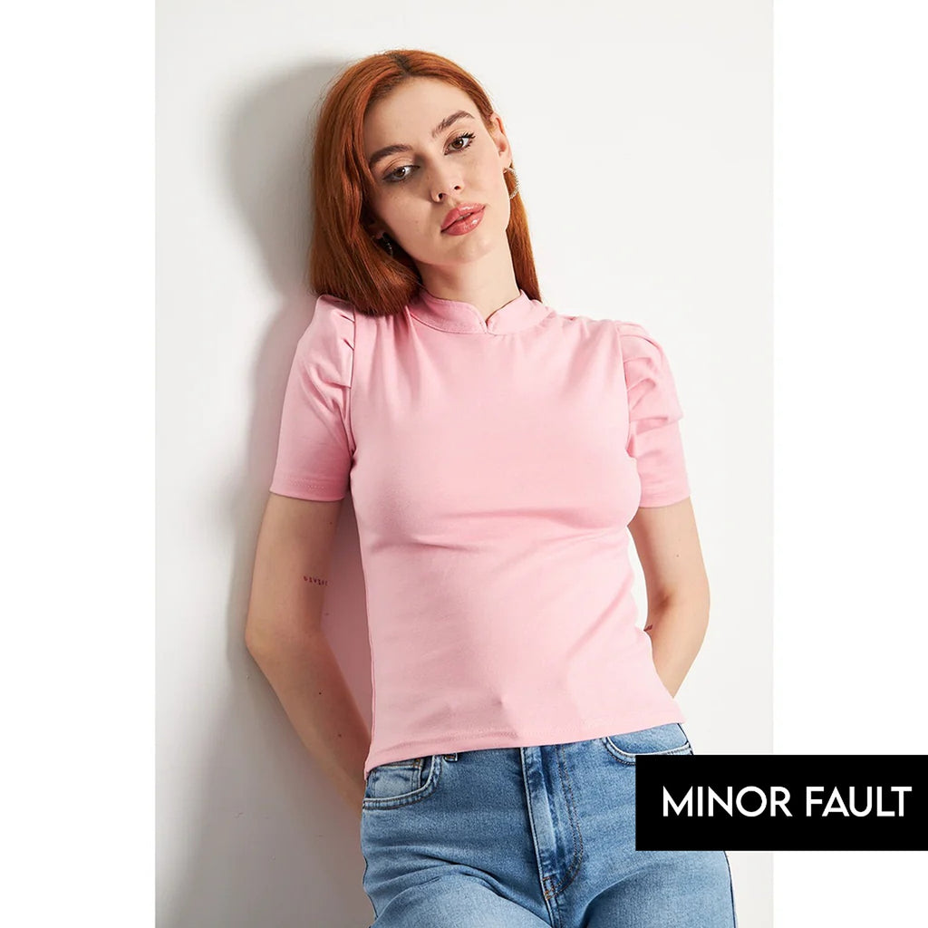 (Minor Fault) Pink Puff Sleeves Knit Top | Montivo Pakistan