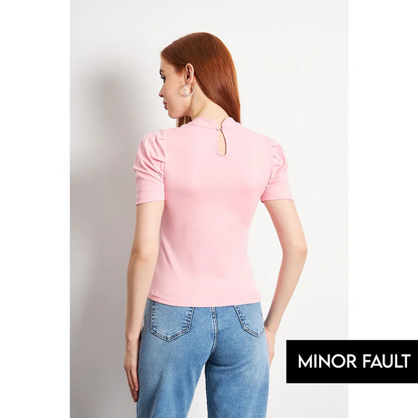 (Minor Fault) Pink Puff Sleeves Knit Top | Montivo Pakistan