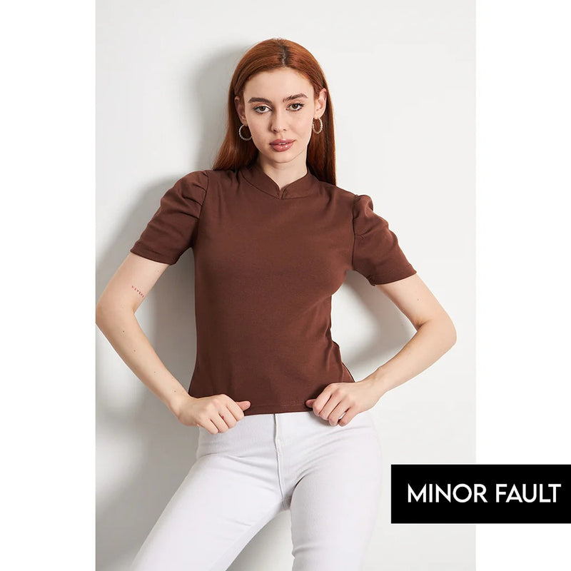 (Minor Fault) Brown Puff Sleeves Knit Top | Montivo Pakistan