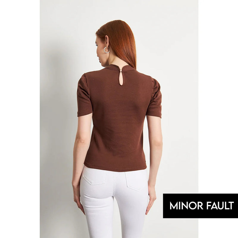 (Minor Fault) Brown Puff Sleeves Knit Top | Montivo Pakistan