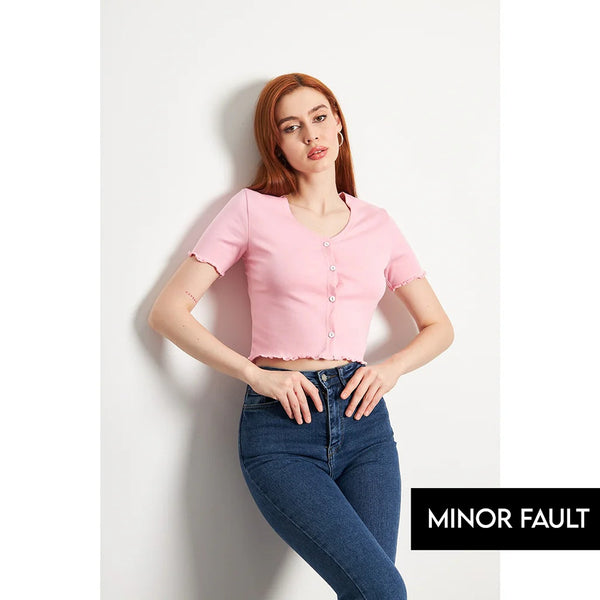 (Minor Fault) Pink Button Down Crop Top | Montivo Pakistan