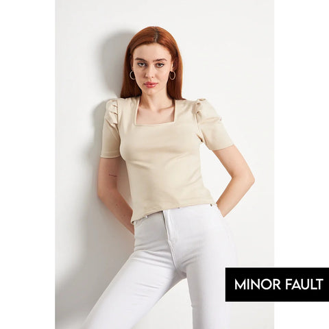(Minor Fault) Beige Square Neck Puff Sleeves Top | Montivo Pakistan
