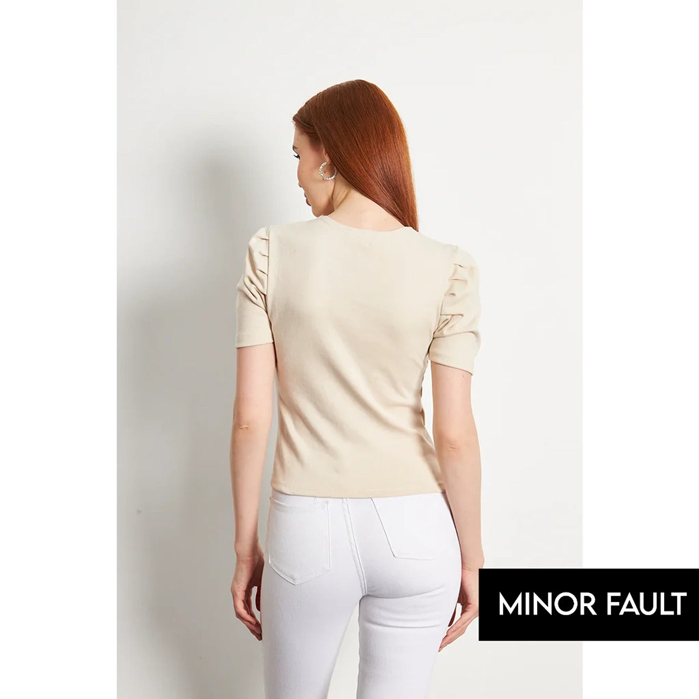 (Minor Fault) Beige Square Neck Puff Sleeves Top | Montivo Pakistan