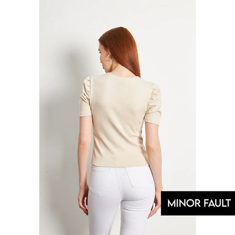 (Minor Fault) Beige Square Neck Puff Sleeves Top | Montivo Pakistan