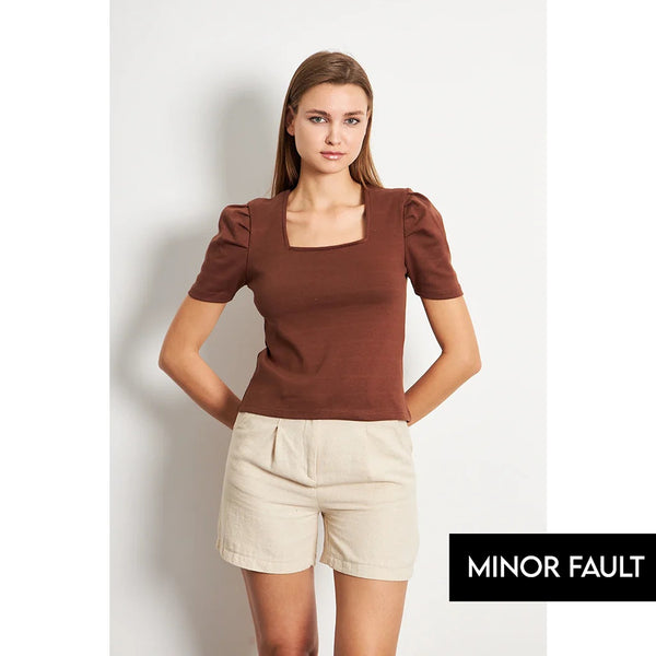 (Minor Fault) Brown Square Neck Puff Sleeves Top | Montivo Pakistan