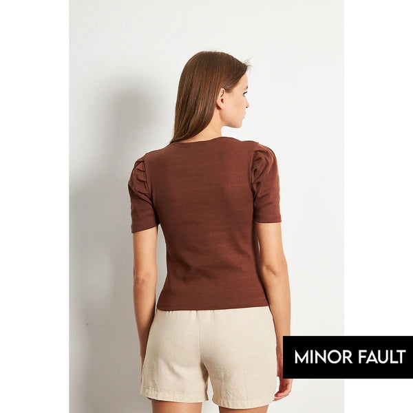 (Minor Fault) Brown Square Neck Puff Sleeves Top | Montivo Pakistan