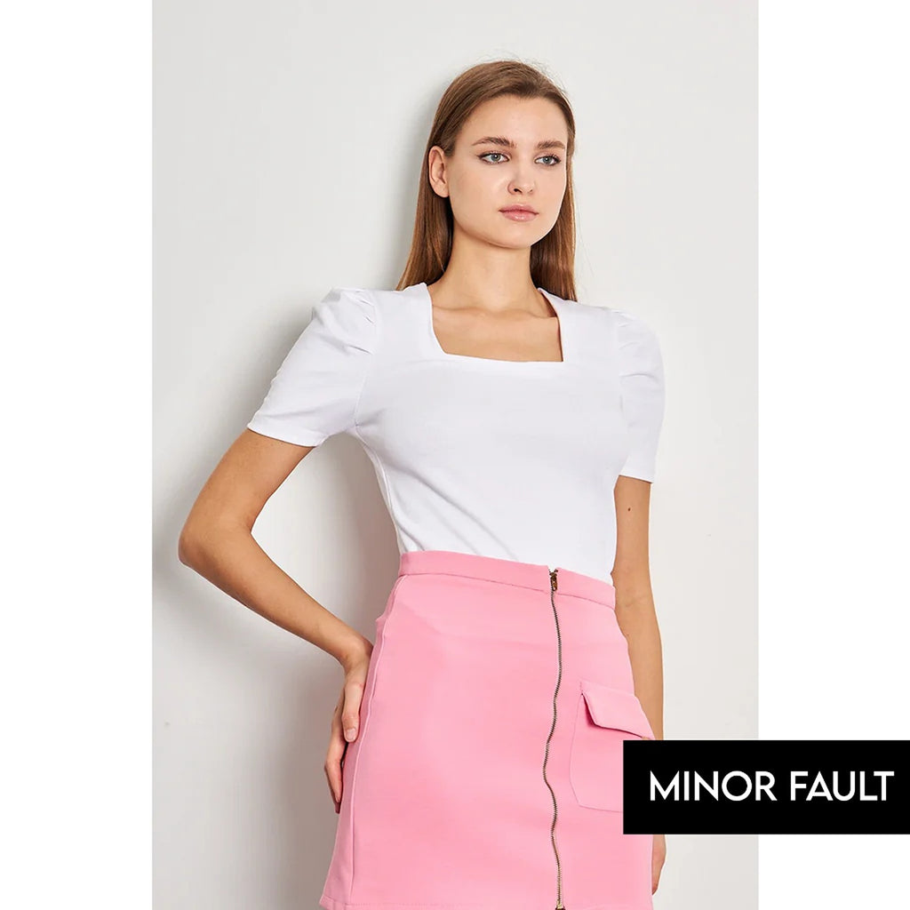 (Minor Fault) White Square Neck Puff Sleeves Top | Montivo Pakistan