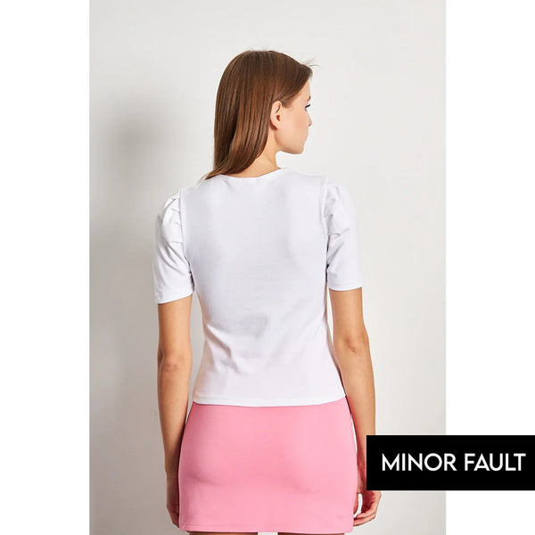 (Minor Fault) White Square Neck Puff Sleeves Top | Montivo Pakistan