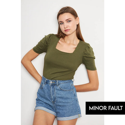 (Minor Fault) Olive Square Neck Puff Sleeves Top | Montivo Pakistan