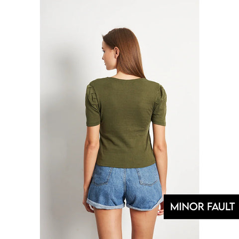(Minor Fault) Olive Square Neck Puff Sleeves Top | Montivo Pakistan