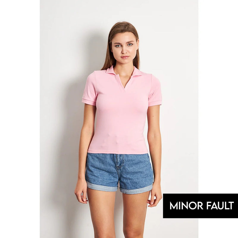 (Minor Fault) Pink Rib Knit Polo | Montivo Pakistan