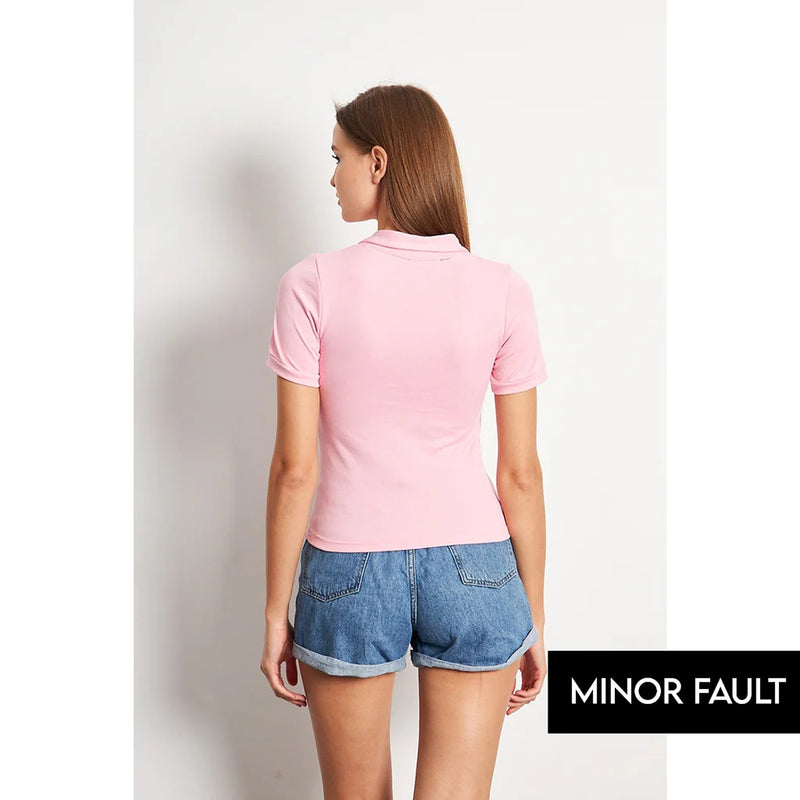 (Minor Fault) Pink Rib Knit Polo | Montivo Pakistan