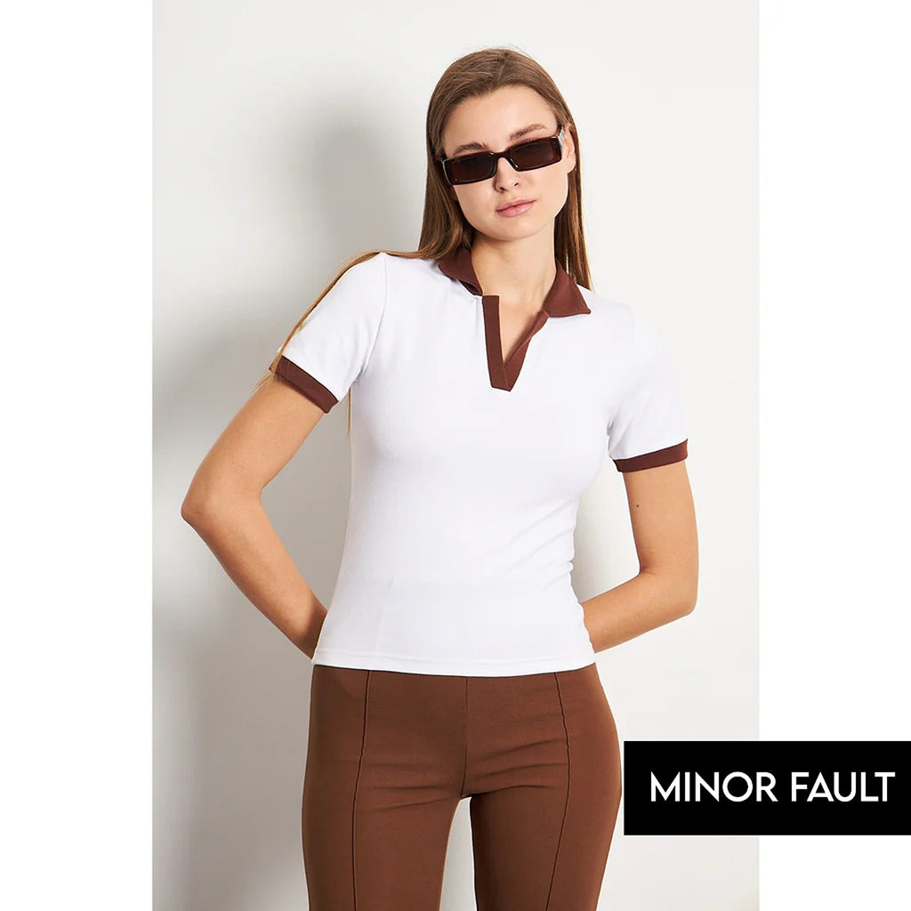 (Minor Fault) White Brown Rib Knit Polo | Montivo Pakistan