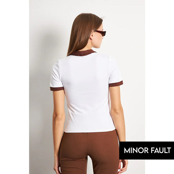 (Minor Fault) White Brown Rib Knit Polo | Montivo Pakistan