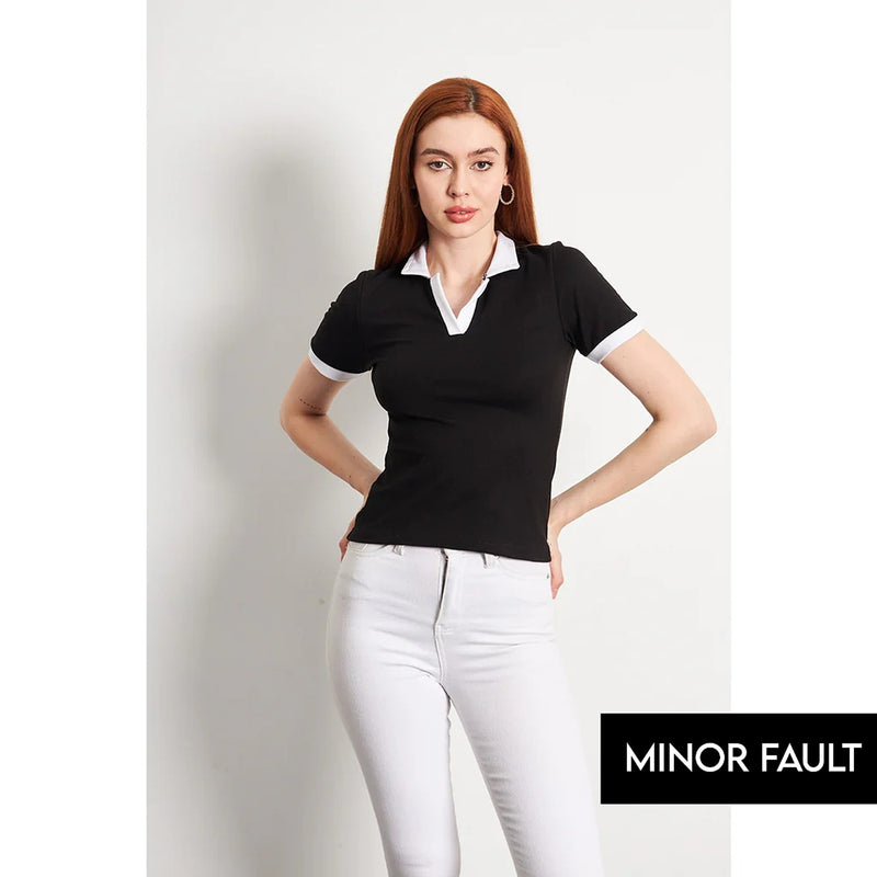 (Minor Fault) Black White Rib Knit Polo | Montivo Pakistan