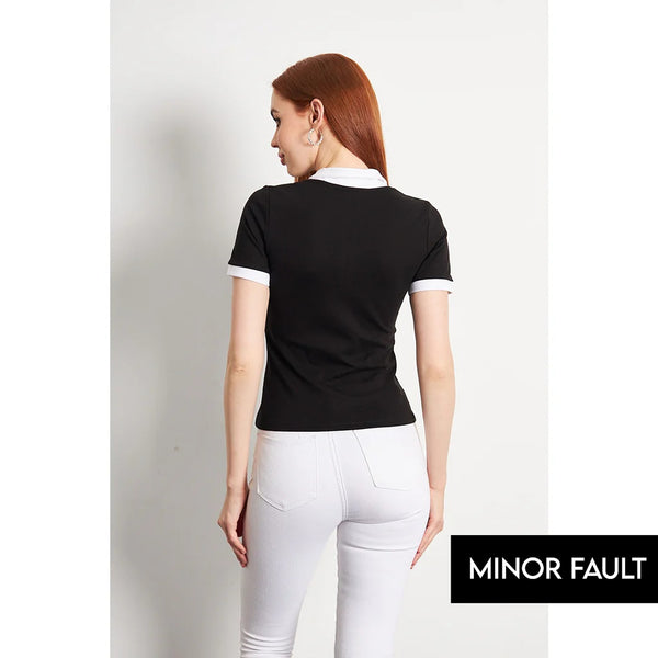 (Minor Fault) Black White Rib Knit Polo | Montivo Pakistan