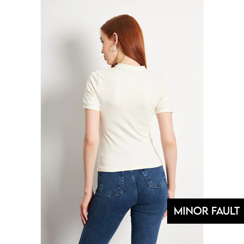 (Minor Fault) Off-White Rib Knit Polo | Montivo Pakistan