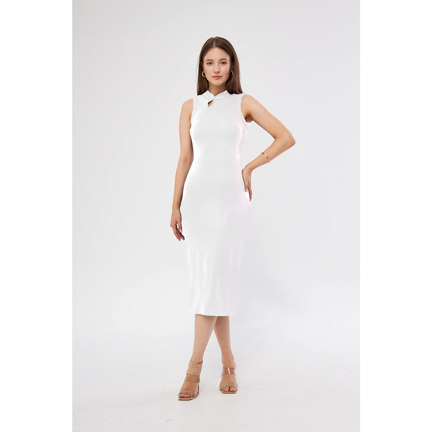 White Slit Neck Bodycon Dress | Montivo Pakistan