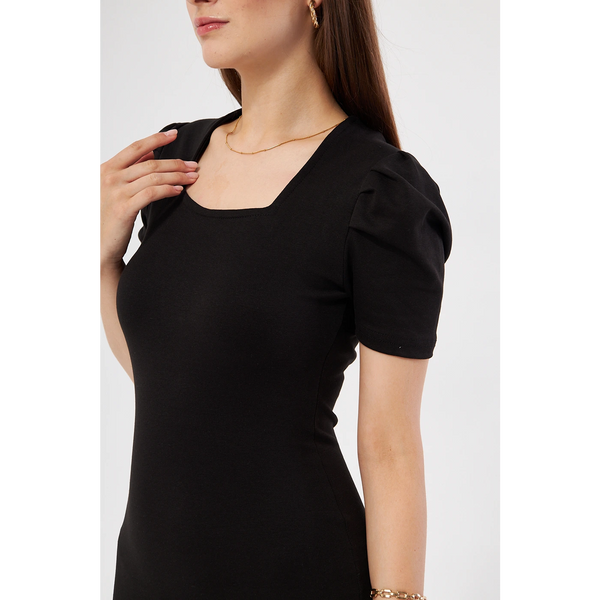 Black Square Neck Puff Sleeves Bodycon Dress | Montivo Pakistan