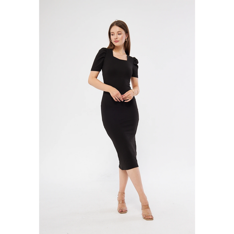 Black Square Neck Puff Sleeves Bodycon Dress | Montivo Pakistan