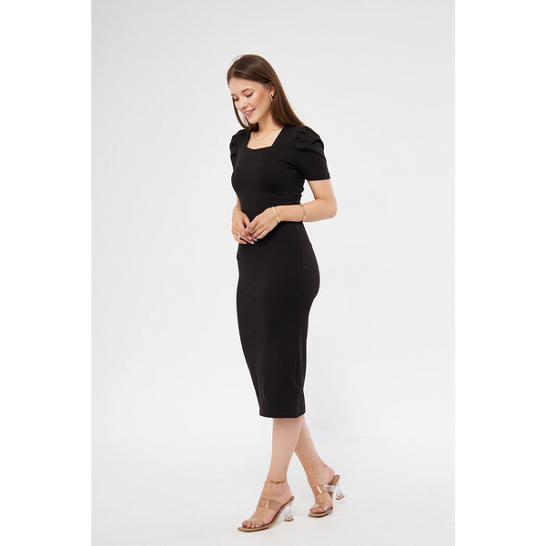 Black Square Neck Puff Sleeves Bodycon Dress | Montivo Pakistan