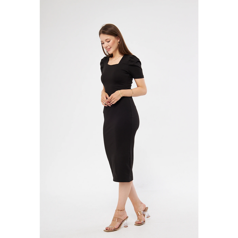 Black Square Neck Puff Sleeves Bodycon Dress | Montivo Pakistan