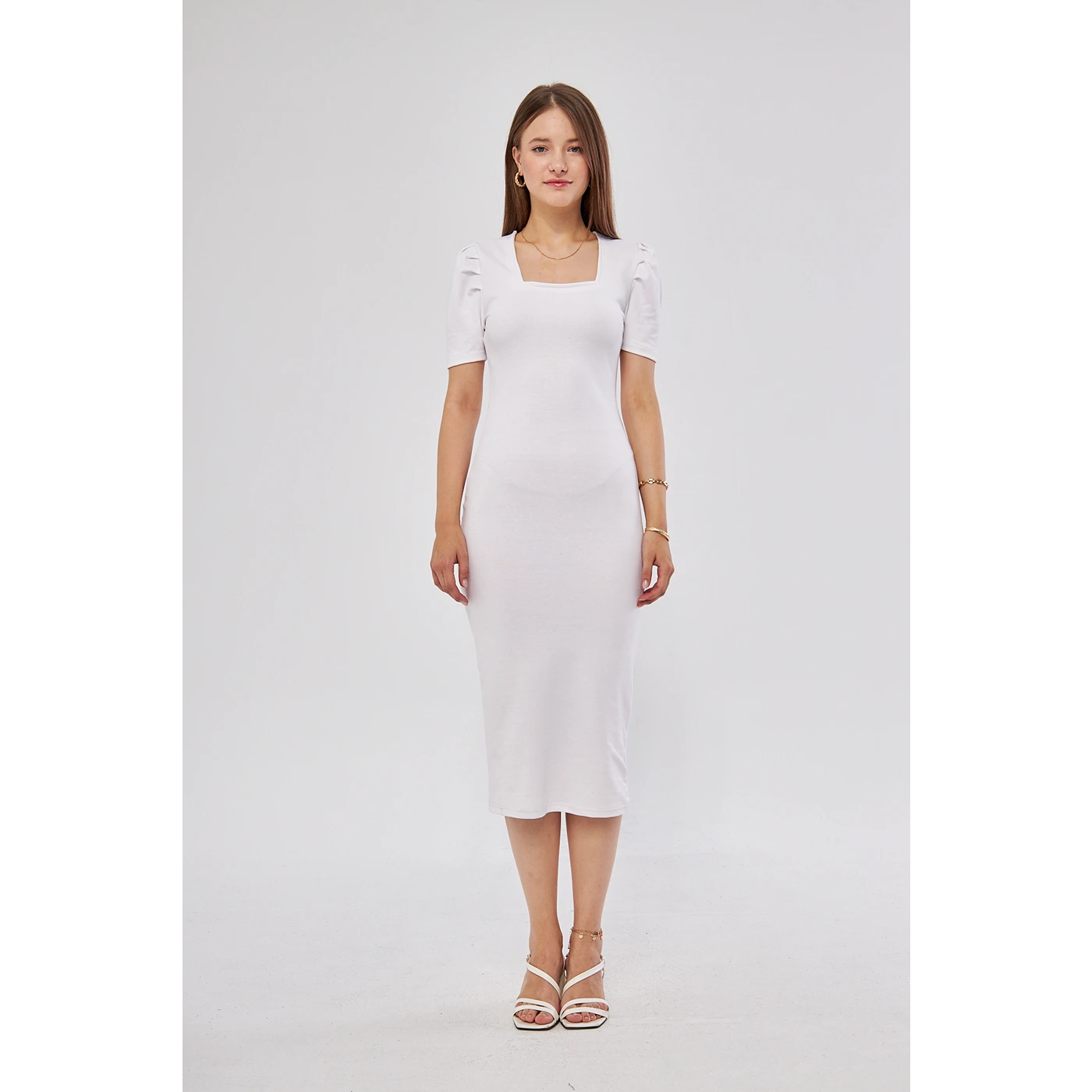 White Square Neck Puff Sleeves Bodycon Dress | Montivo Pakistan