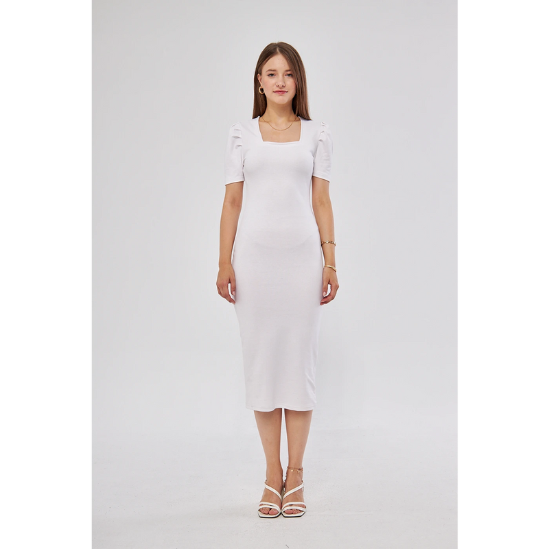White Square Neck Puff Sleeves Bodycon Dress | Montivo Pakistan