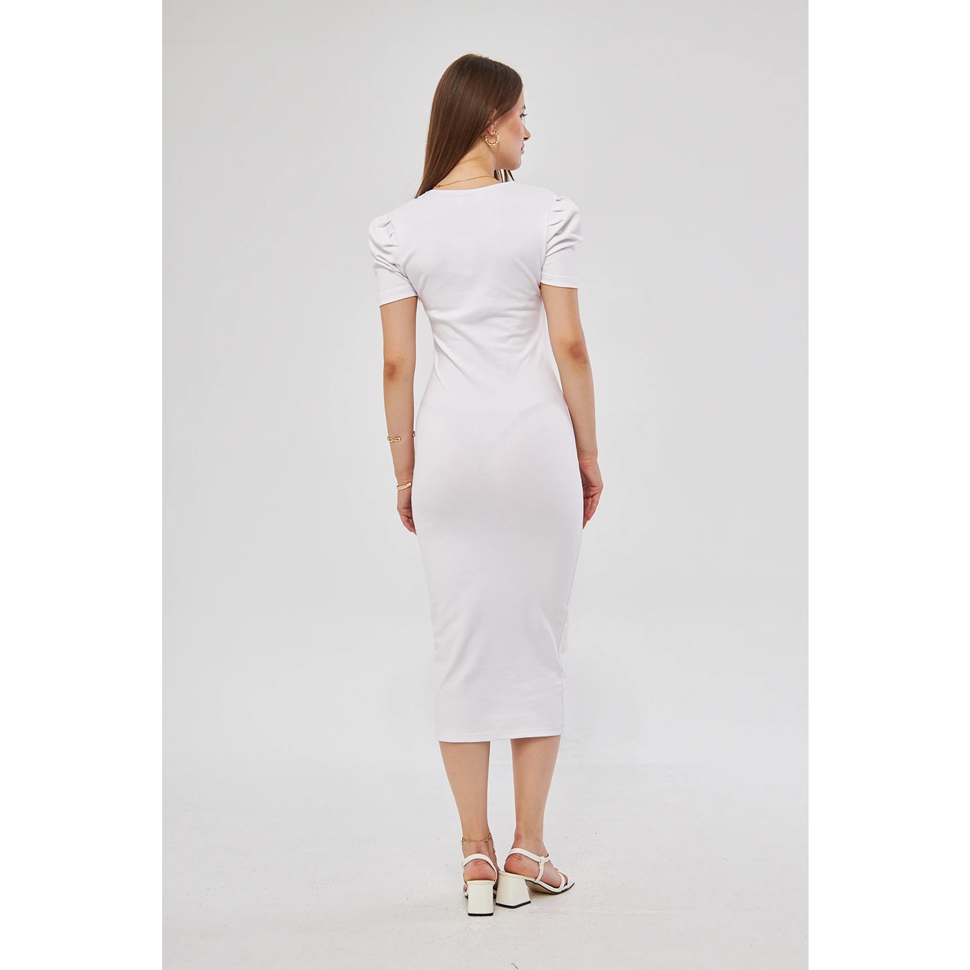 White Square Neck Puff Sleeves Bodycon Dress | Montivo Pakistan