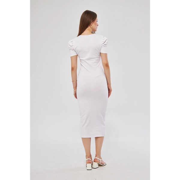 White Square Neck Puff Sleeves Bodycon Dress | Montivo Pakistan