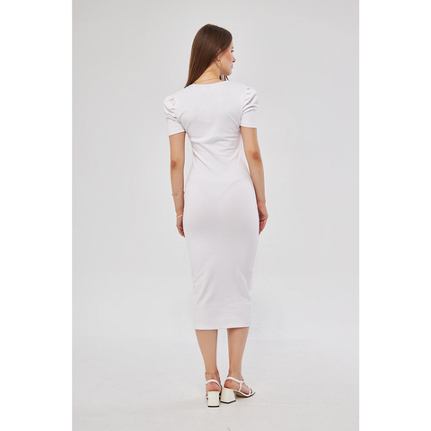 White Square Neck Puff Sleeves Bodycon Dress | Montivo Pakistan