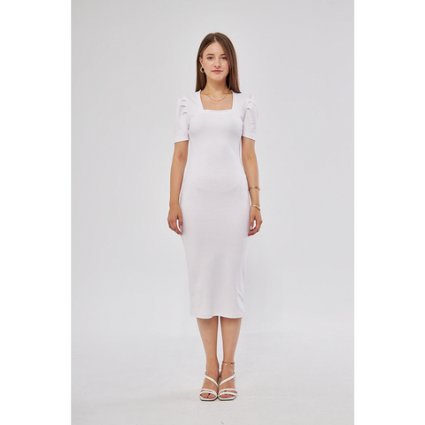 White Square Neck Puff Sleeves Bodycon Dress | Montivo Pakistan