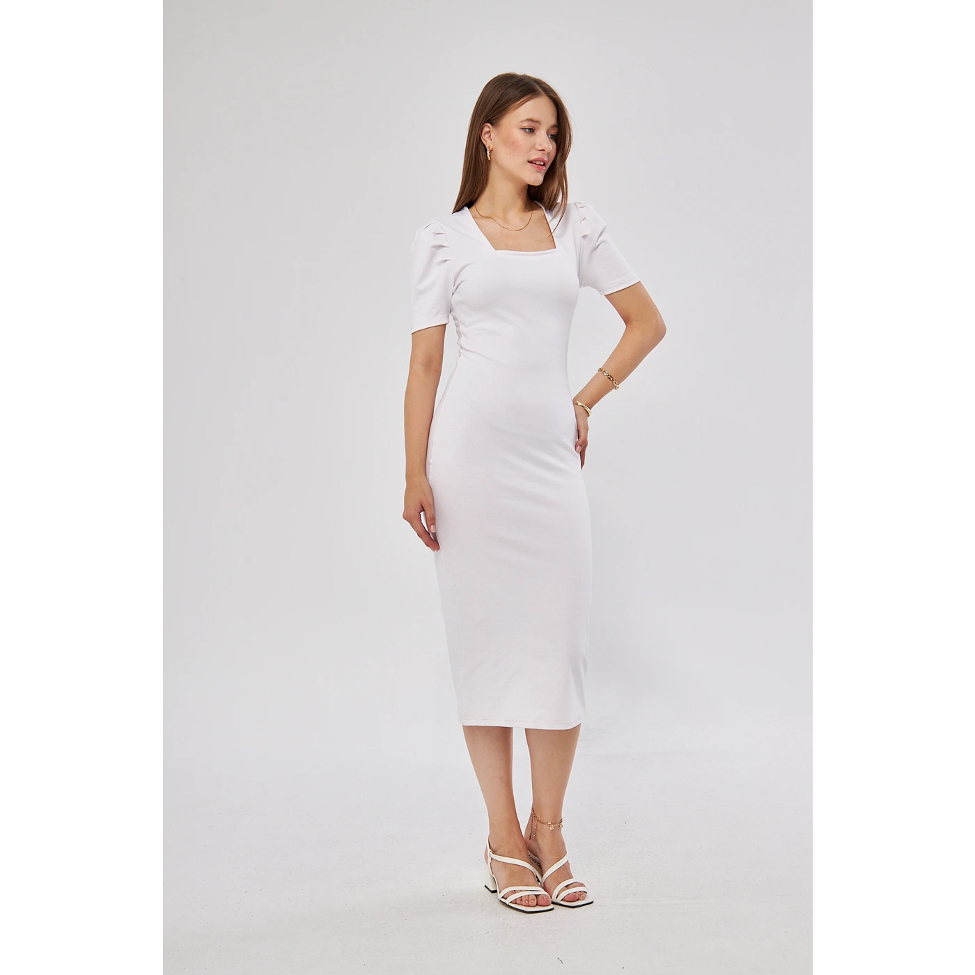 White Square Neck Puff Sleeves Bodycon Dress | Montivo Pakistan