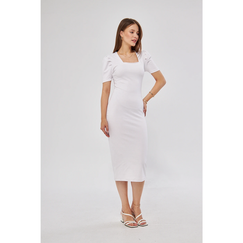 White Square Neck Puff Sleeves Bodycon Dress | Montivo Pakistan