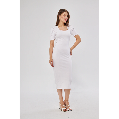 White Square Neck Puff Sleeves Bodycon Dress | Montivo Pakistan