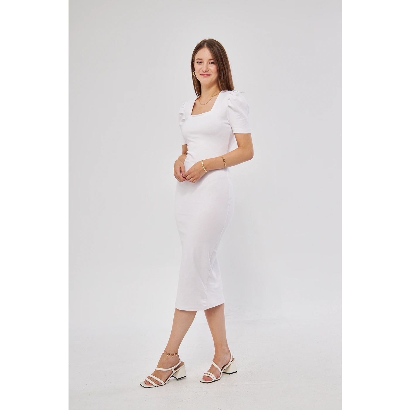 White Square Neck Puff Sleeves Bodycon Dress | Montivo Pakistan